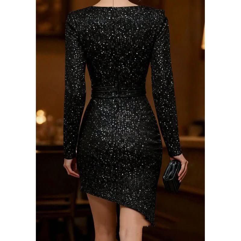 Black Sequined Square - neck Long - sleeve Slim - fit Hip - hugging Mini Dress - Eshtree