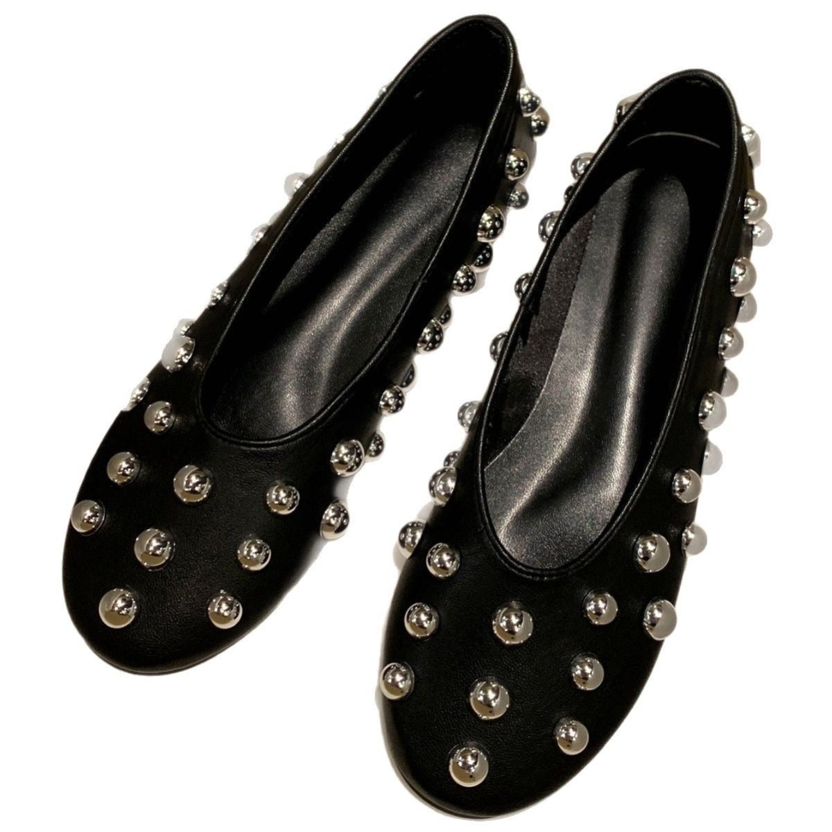 Black Studded Leather Ballet - style Flat Casual Shoes - Eshtree