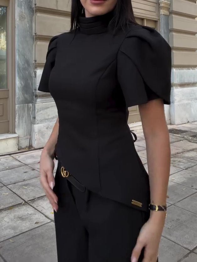 Black Turtleneck Puff Sleeve Waist - Cinched Top & High Waist Wide - Leg Pants Set - Eshtree