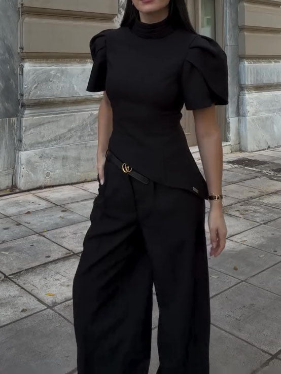 Black Turtleneck Puff Sleeve Waist - Cinched Top & High Waist Wide - Leg Pants Set - Eshtree
