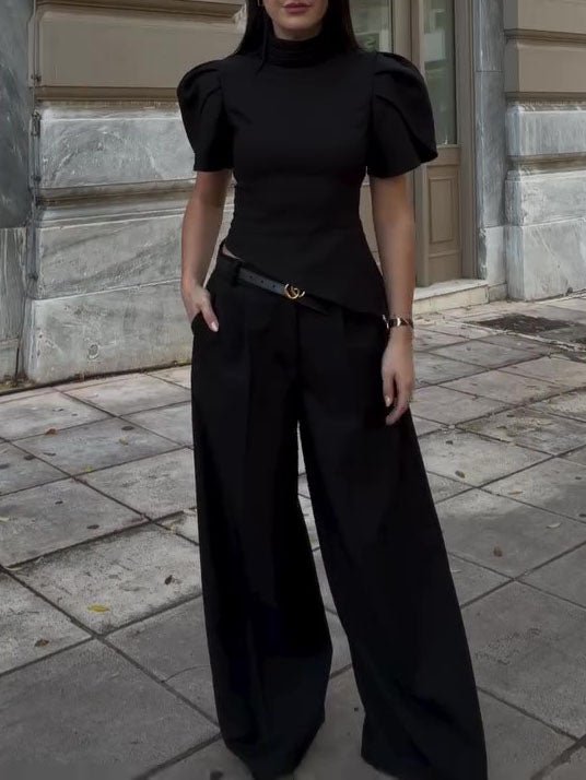 Black Turtleneck Puff Sleeve Waist - Cinched Top & High Waist Wide - Leg Pants Set - Eshtree
