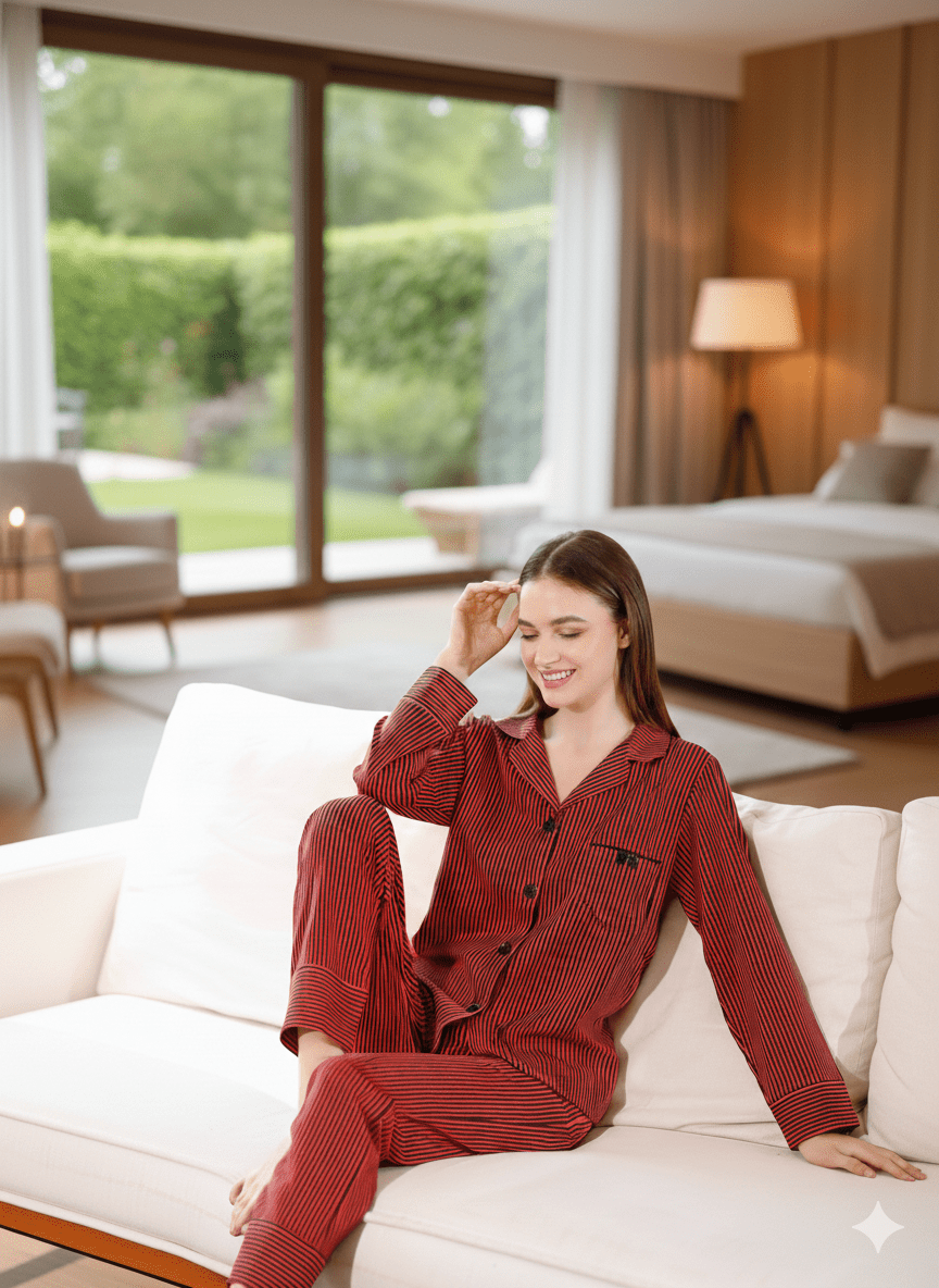 بيجامة نسائي قطن بتصميم أنيق وأزرار أمامية - Eshtree