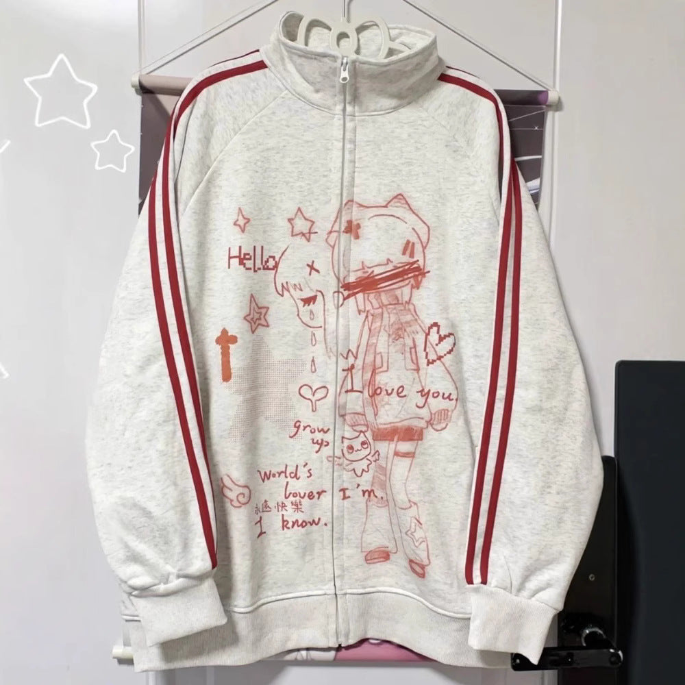 Striped Anime-Print Zip-Up Hoodie With Long Sleeves And A Hood