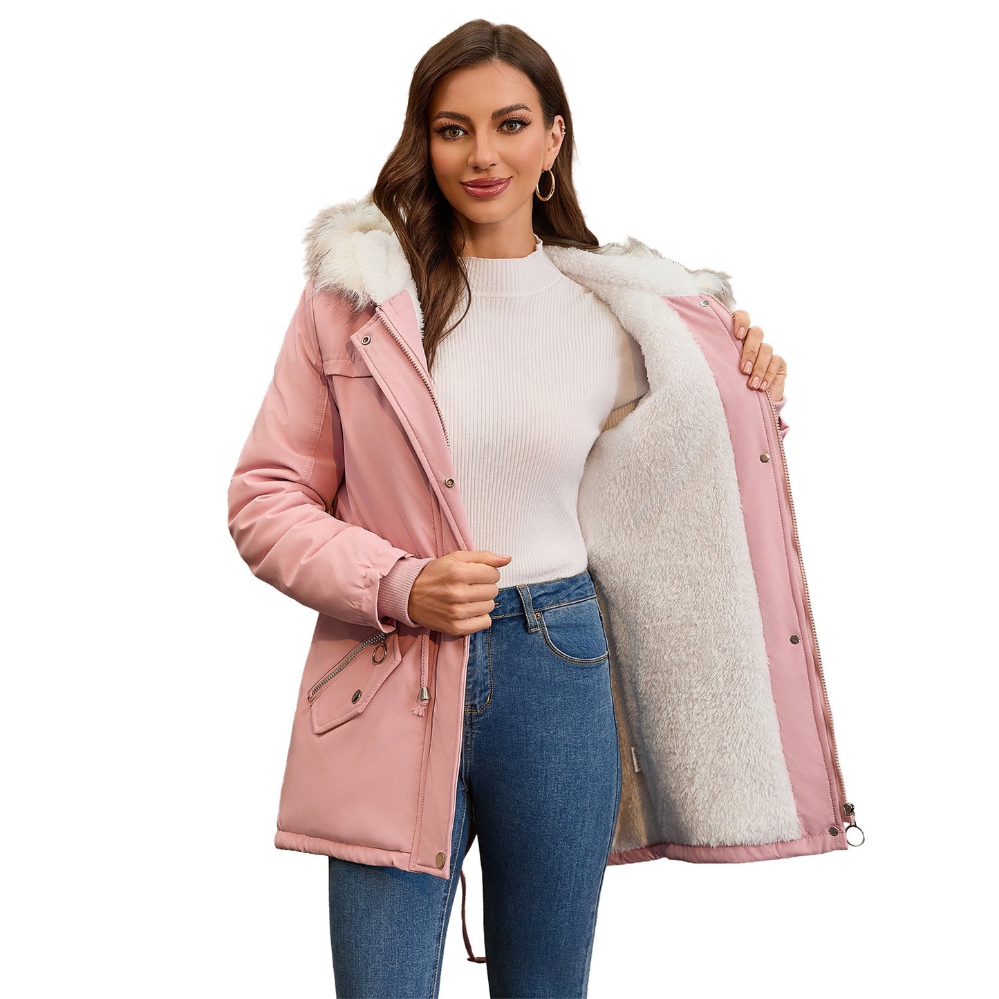 Ladies Hooded With Fur Collar Fleece Padded Coat