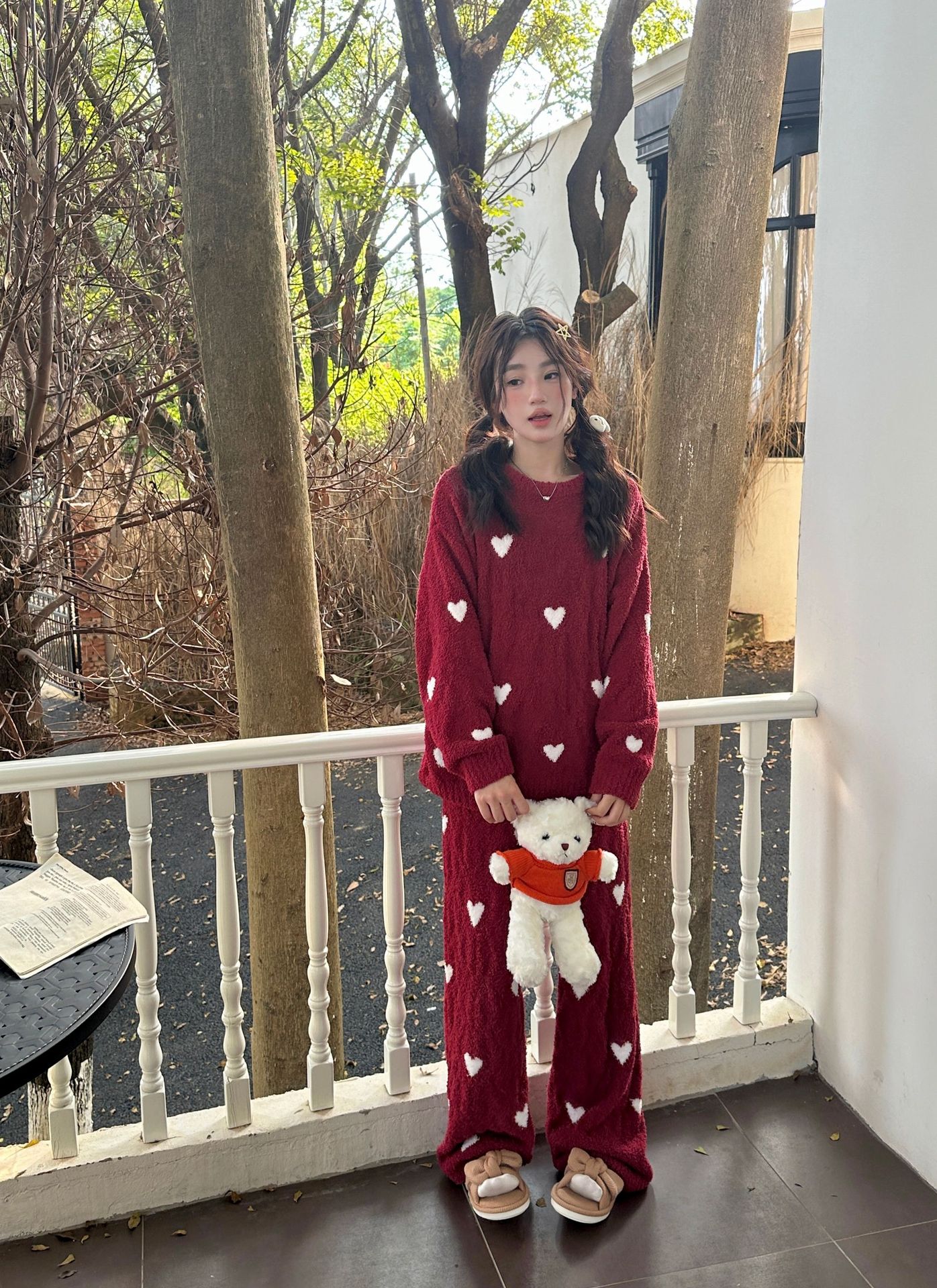 Loose Heart-shaped Red Soft Ladies' Homewear Pajamas Suit