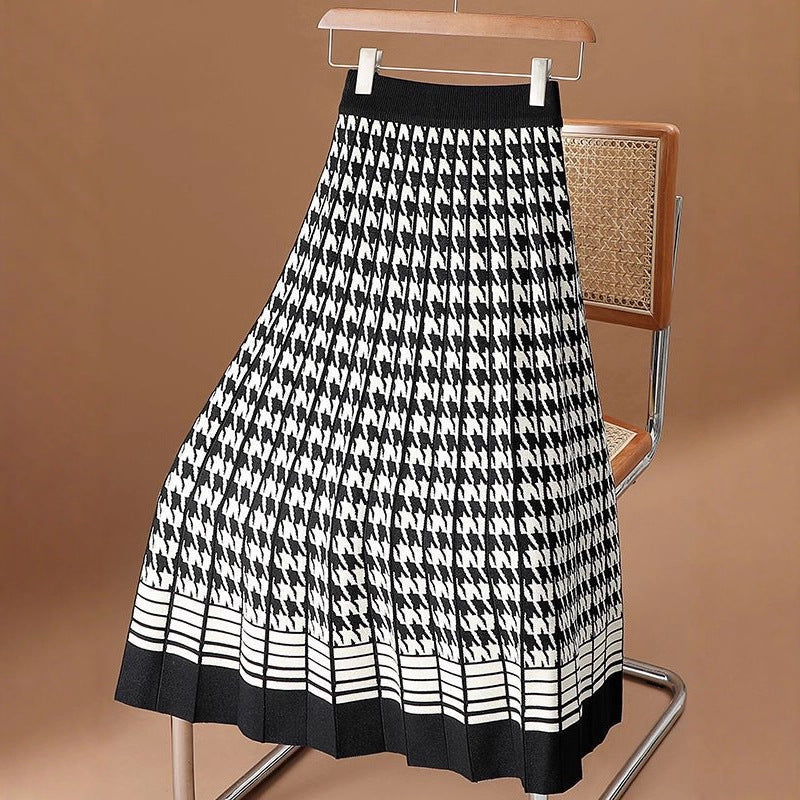 Houndstooth Knit Skirt For Women FallWinter High-Waisted