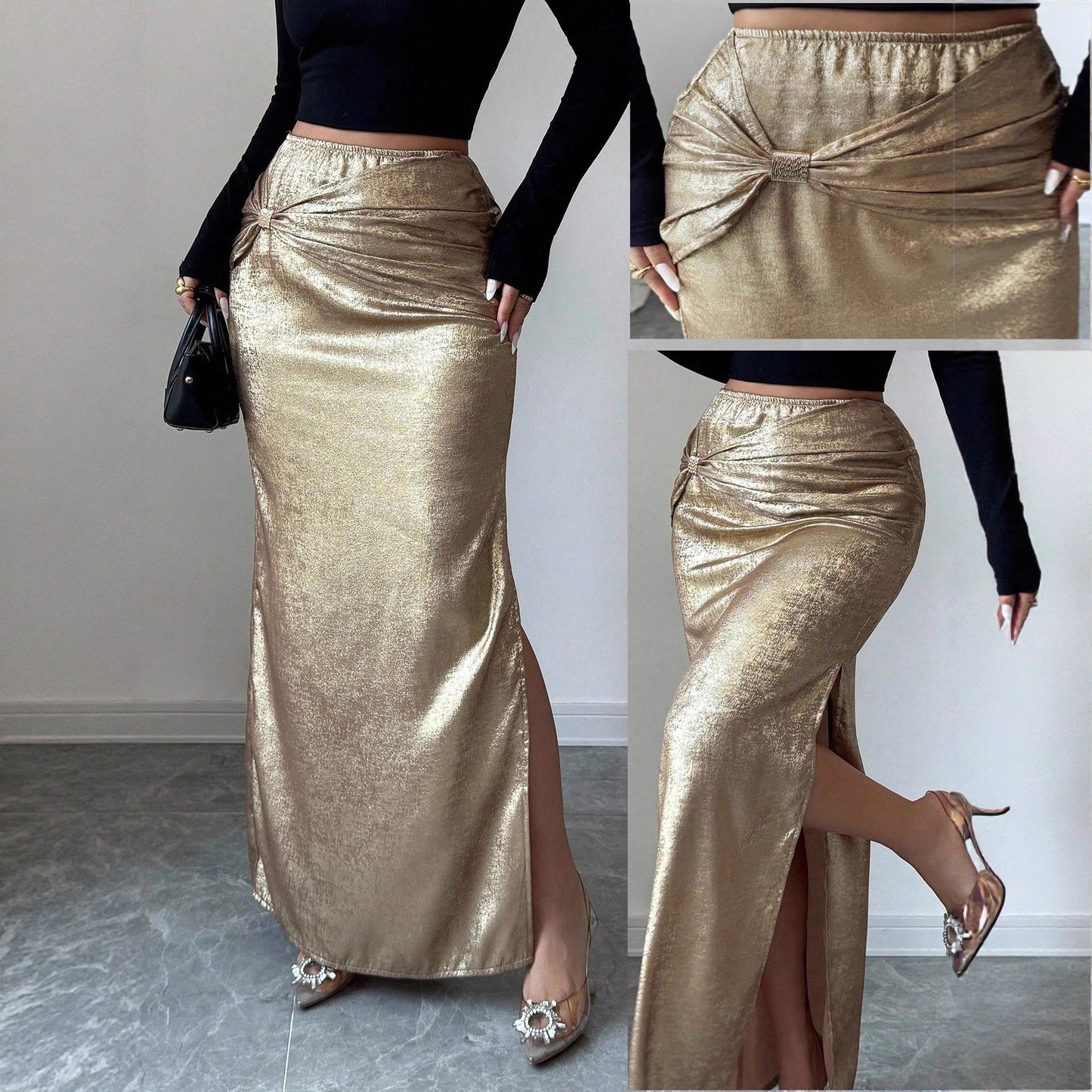 Women's Metal-Embellished Pleated Bodycon Skirt With Slit Slimming Design