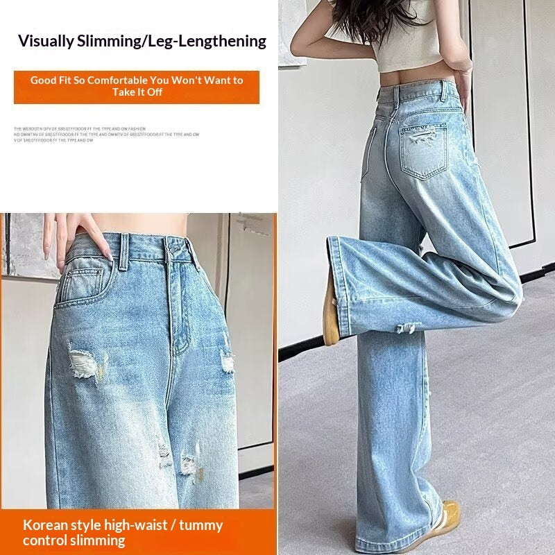 New Light-blue Distressed Wide-leg Jeans