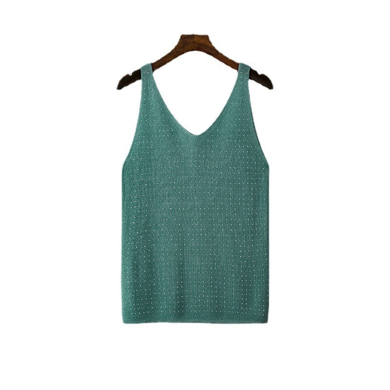 Ice Silk Knitted Bright Thread Diamond-encrusted V-neck Camisole