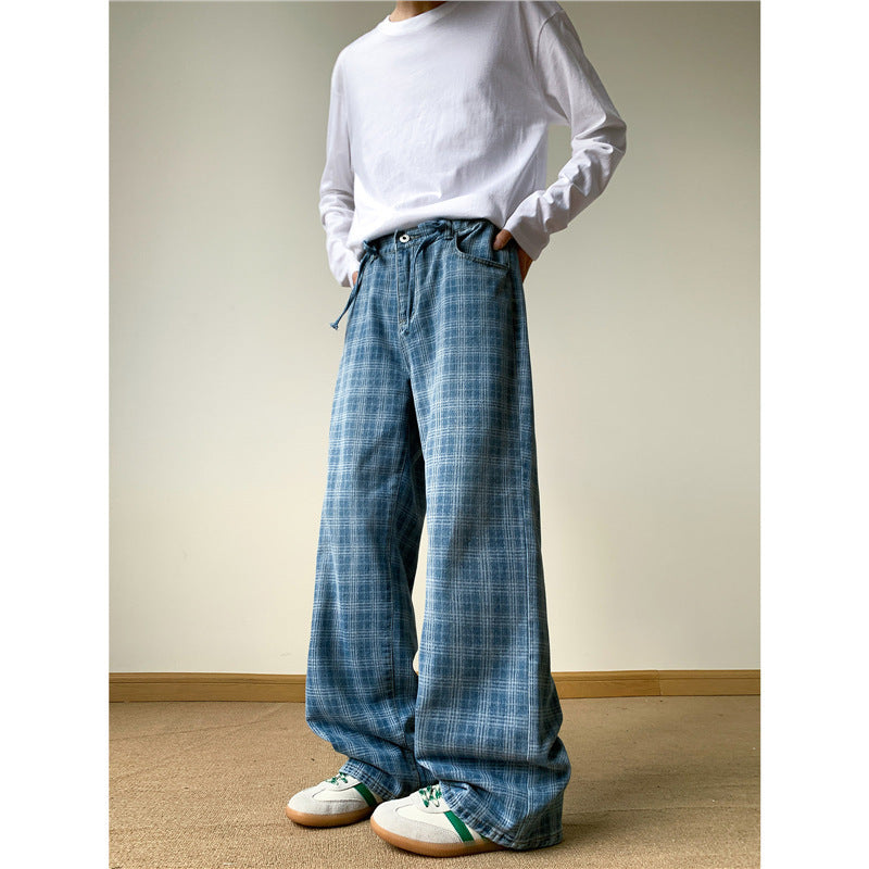 Retro Blue Plaid Wide-leg Skinny Jeans