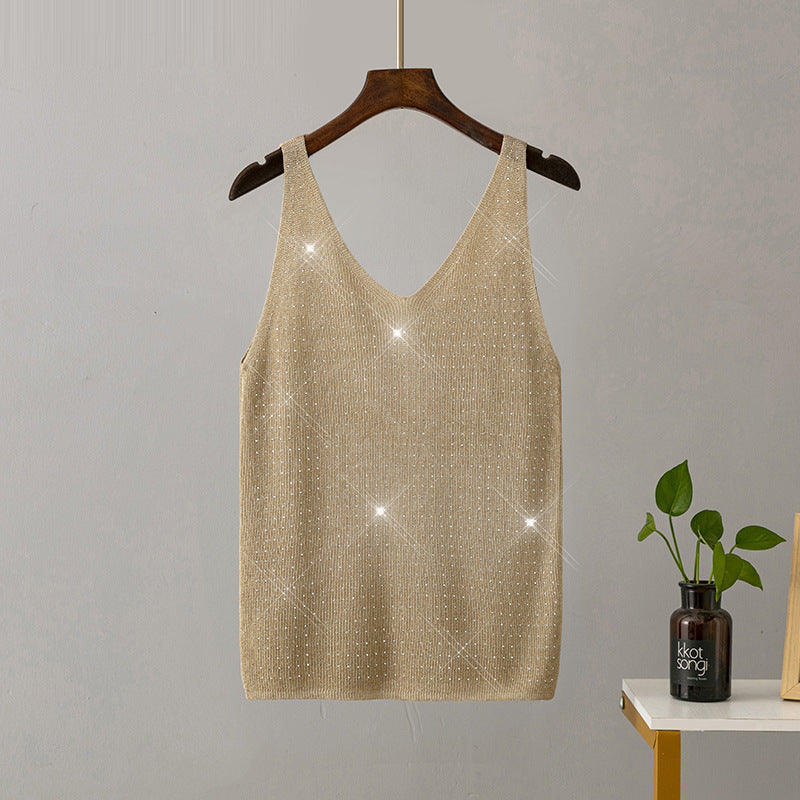 Ice Silk Knitted Bright Thread Diamond-encrusted V-neck Camisole