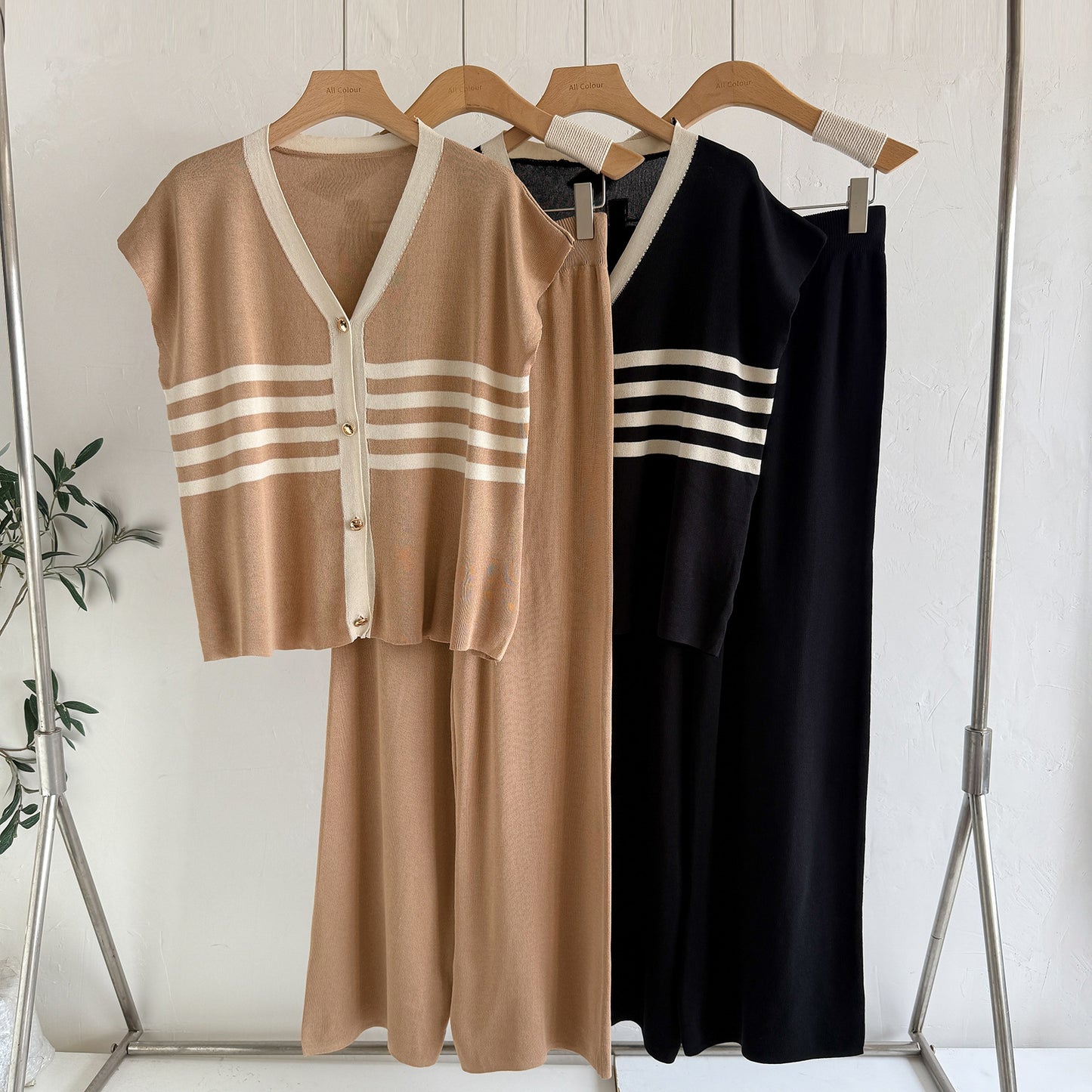 Korean-style Wide-leg Pants Set Casual, Laid-back Knit Two-piece For Women