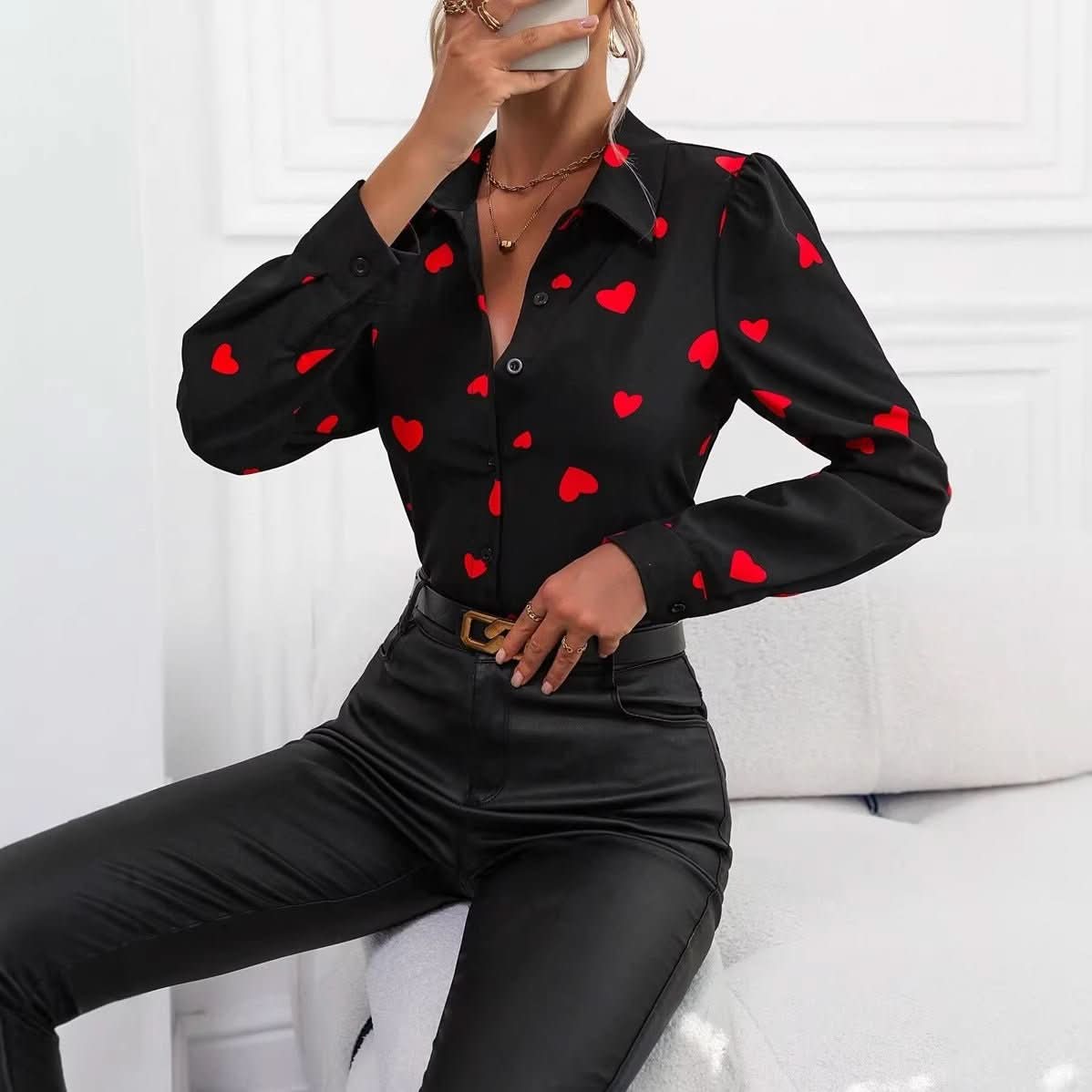 Casual Long - Sleeve Shirt With A Loving - Heart Print Top - Eshtree