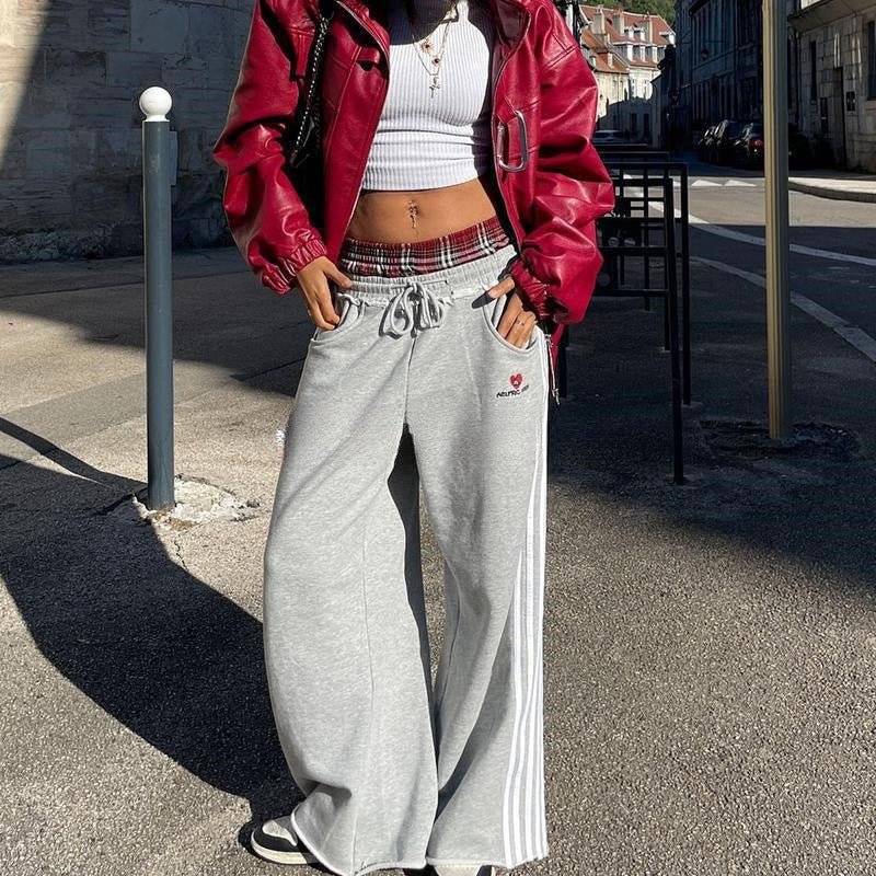 Casual Patchwork Plaid Loose Wide - Leg Pants - Eshtree