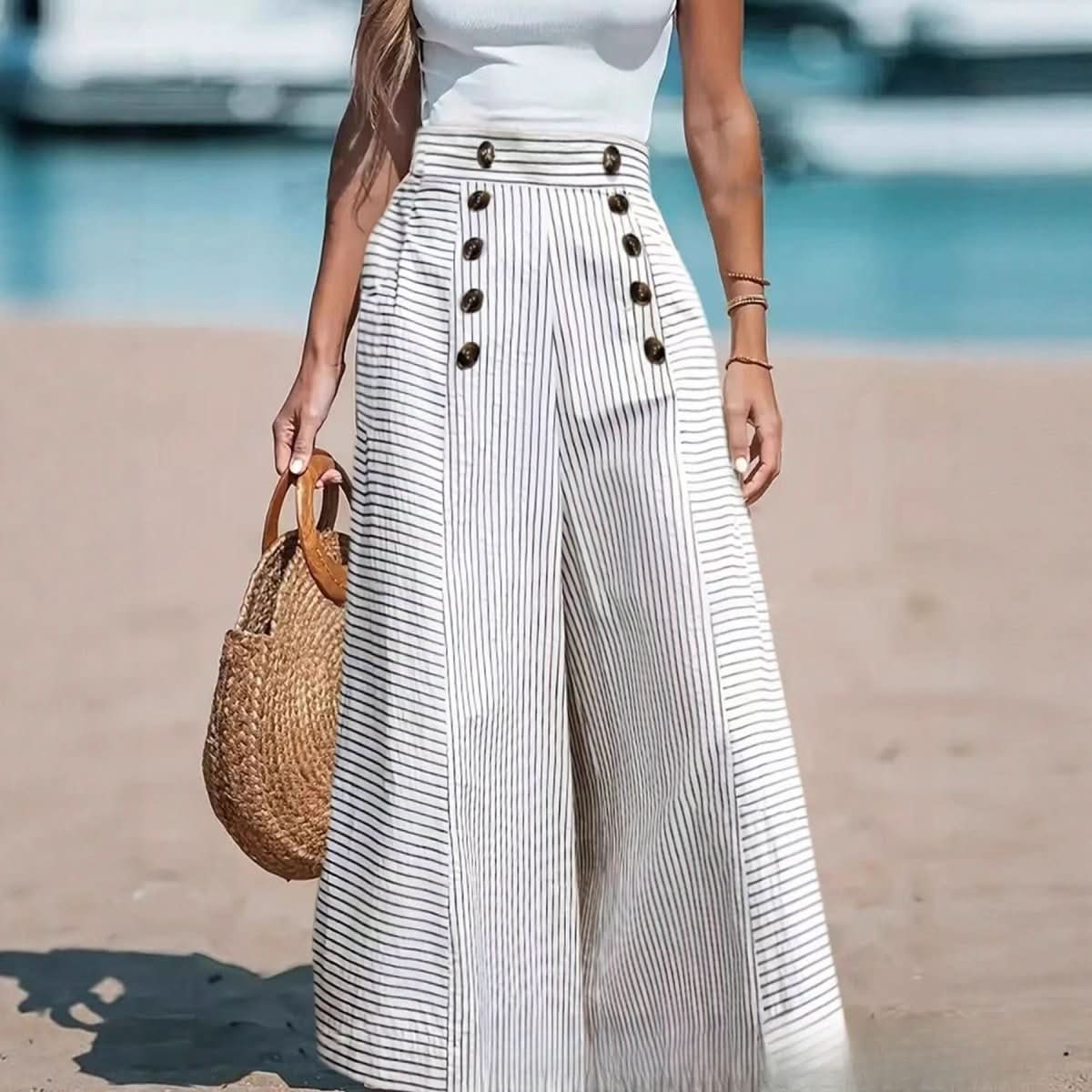 Casual Striped Button - up Wide - leg Pants - Eshtree