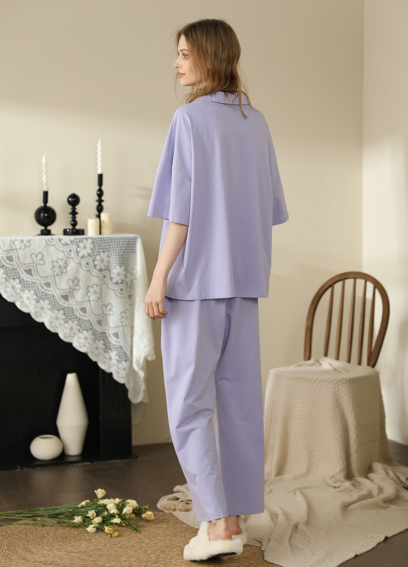 Women's Short-sleeved Solid Color Pajamas Cotton Homewear