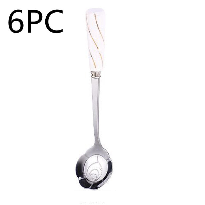 ملعقة من الفولاذ المقاوم للصدأ على شكل زهرة بمقبض سيراميك وملعقة خلط