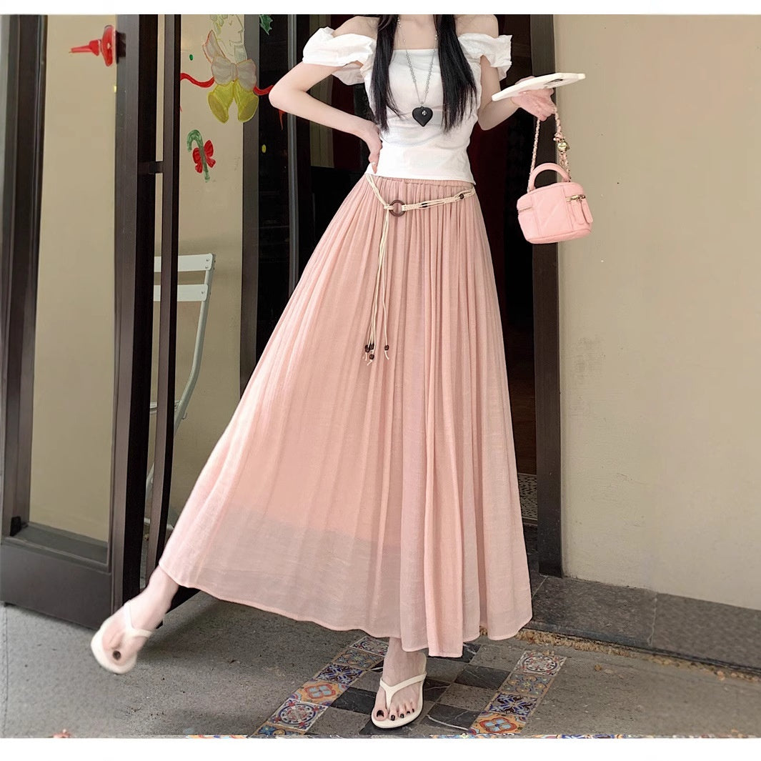 Vintage Belt Pleated Skirt Versatile Slimming High Waist A- Line