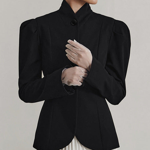 French Elegant Retro Black Stand Collar Small Suit Jacket For Women