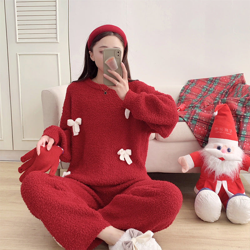 Red Sweet Bow Half Velvet Round Neck Pullover Pajamas Set Thickened