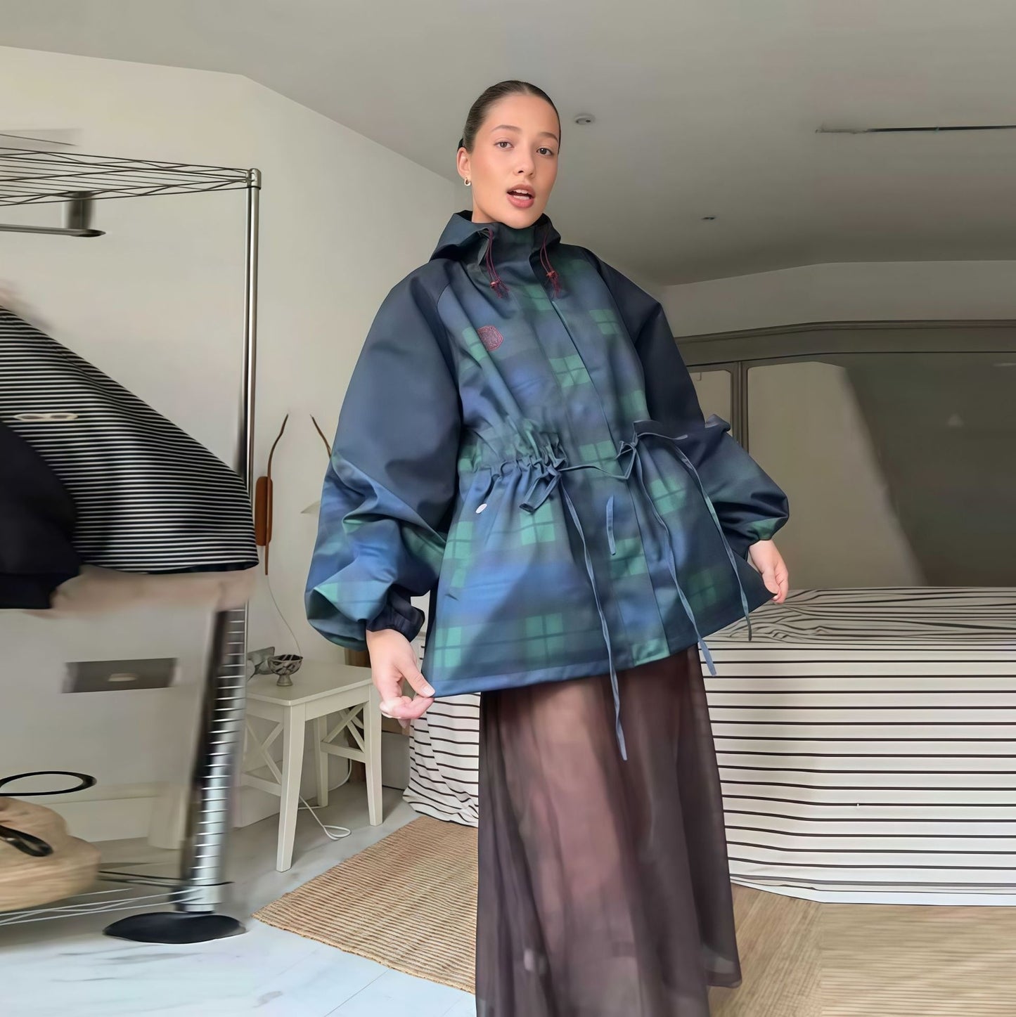 Outdoor Hooded Fashion Plaid Loose Windbreaker Jacket