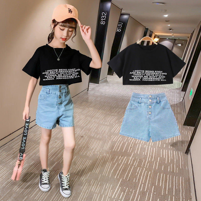 Girls' Round Neck T-shirt Denim Shorts Two-piece Set