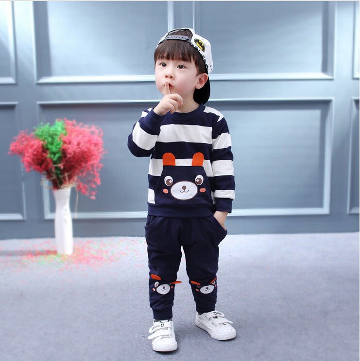 Children's Clothing Suit Boys And Girls Virgin Baby Cartoon Bear Striped Sweater Suit Children - Eshtree