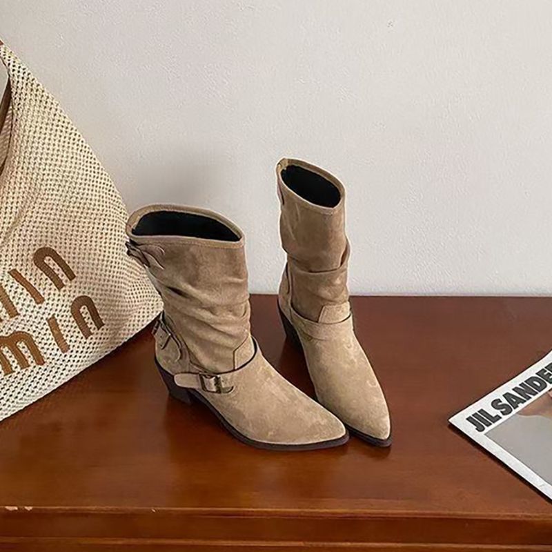 Chunky Heel Pleated Booties For Women - Eshtree