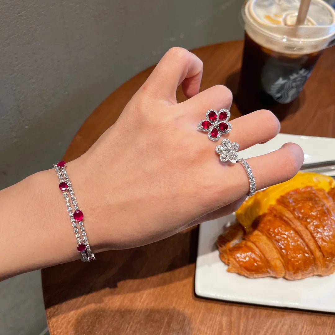 Colorful Bright Crimson Gemstone Flower Grape Purple Zircon Shining Diamond Flower Ring - Eshtree