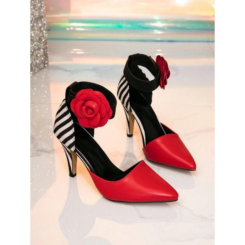 Comfortable And Versatile Black Chunky High - heel Pumps With A Bold Red Floral Design - Eshtree