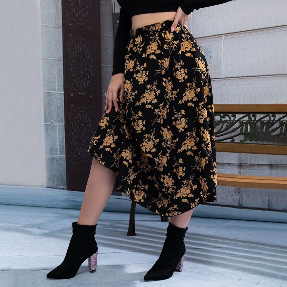 Commuter Style High - waisted Draped Floral Print Skirt - Eshtree