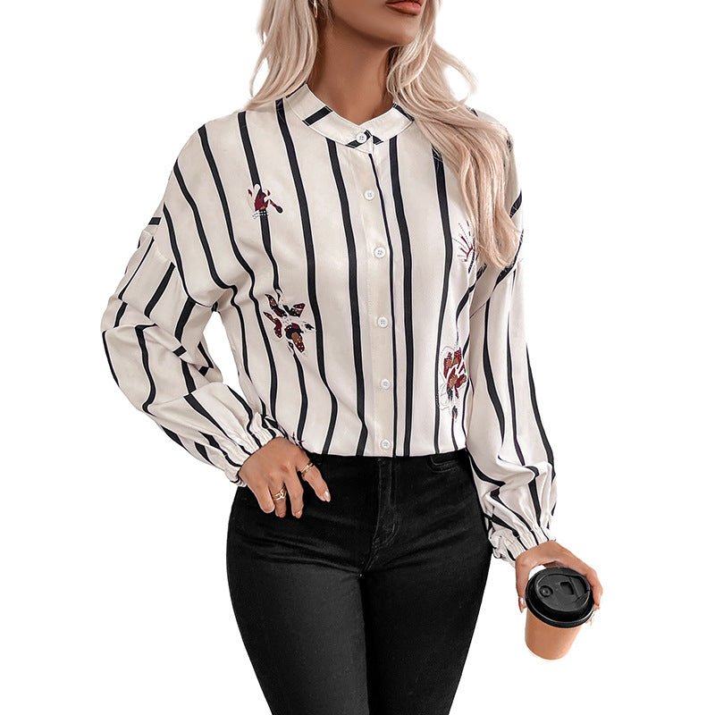 Commuter - style Single - breasted Striped Lapel Shirt - Eshtree