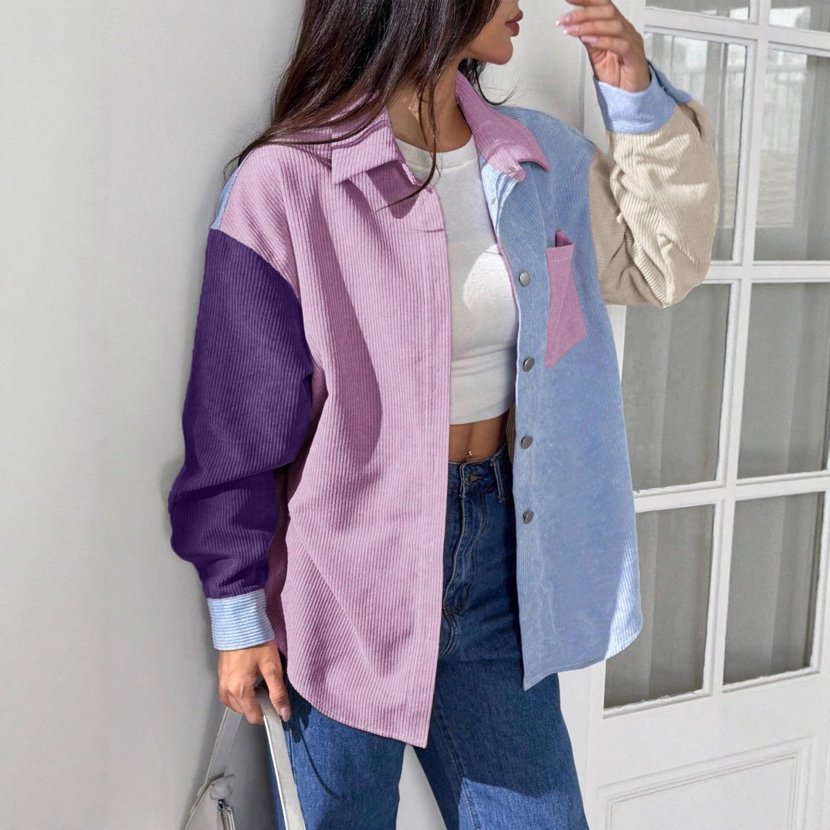 Commuting Style Linen - cotton Color Block Loose Fashionable Long Sleeve Shirt - Eshtree