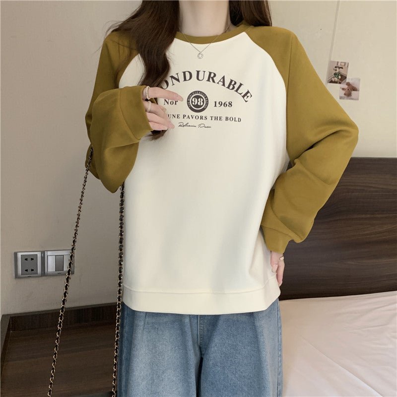 Contrast Color Raglan Long Sleeve Hooded Printed Women - Eshtree