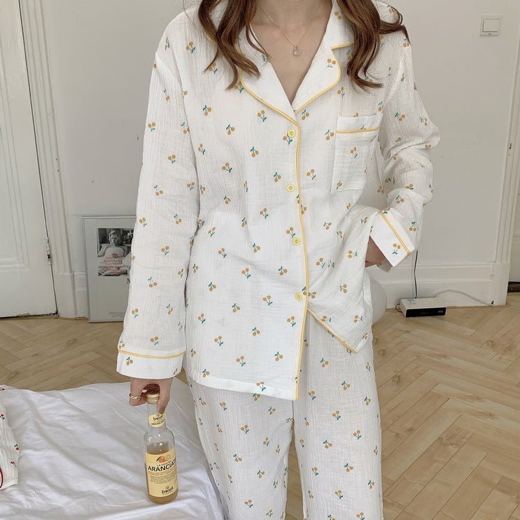 Cotton Yarn Hemming Long - sleeved Trousers Homewear Pajamas Suit - Eshtree