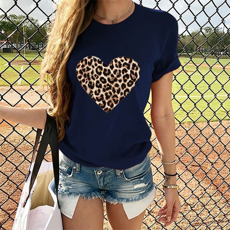 Cross - border Exclusively For Amazon Hot - selling Hot - selling Ladies Tops Leopard Print Love Round Neck Short - sleeved T-shirt - Eshtree