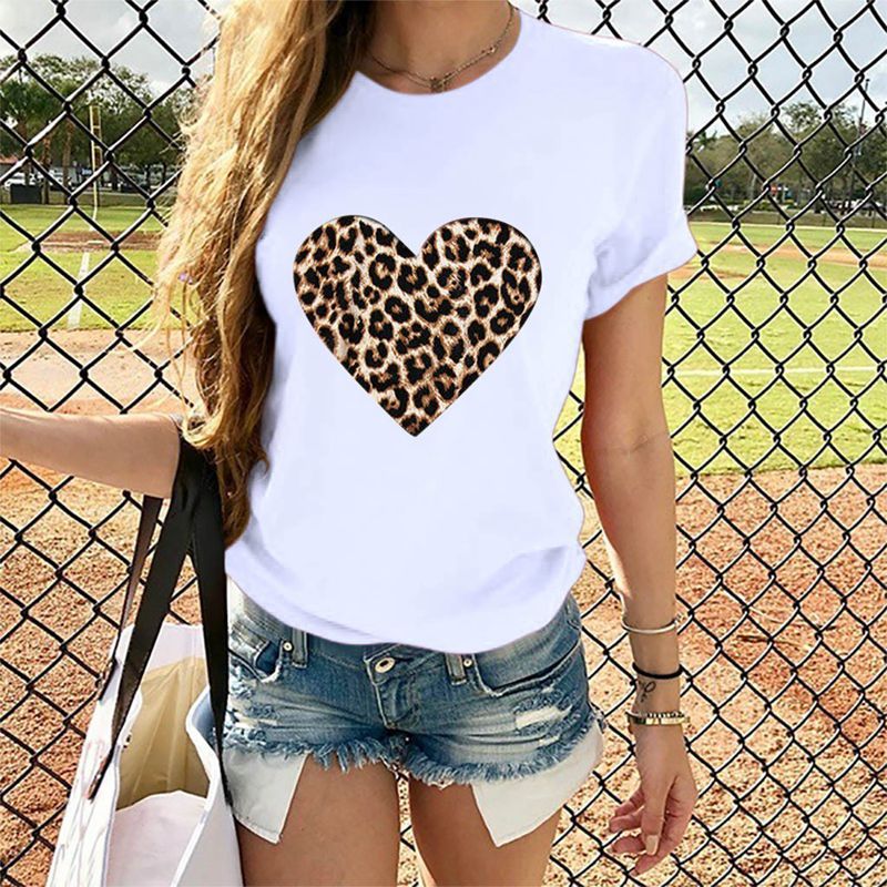 Cross - border Exclusively For Amazon Hot - selling Hot - selling Ladies Tops Leopard Print Love Round Neck Short - sleeved T-shirt - Eshtree