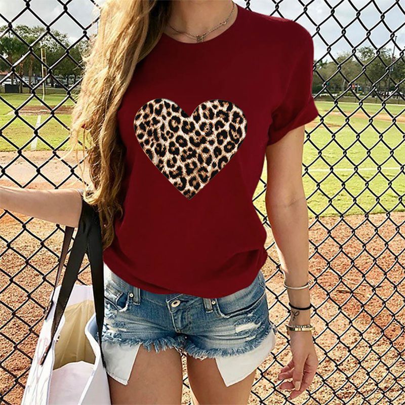 Cross - border Exclusively For Amazon Hot - selling Hot - selling Ladies Tops Leopard Print Love Round Neck Short - sleeved T-shirt - Eshtree