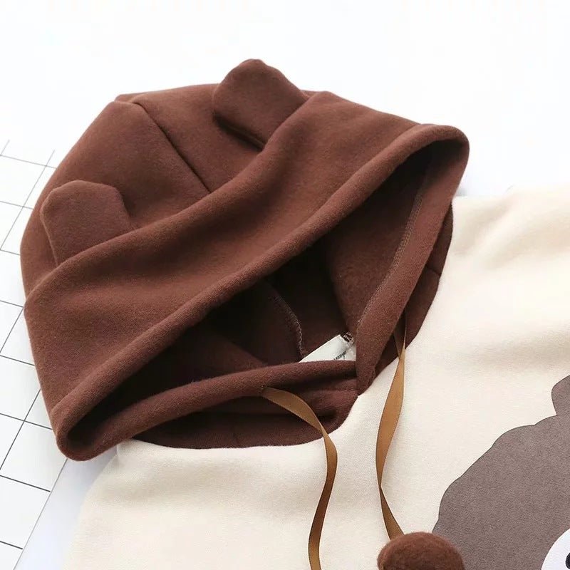 Cute Cartoon Bear Print Plus Velvet Loose Hooded Long Sleeved Sweater Women - Eshtree