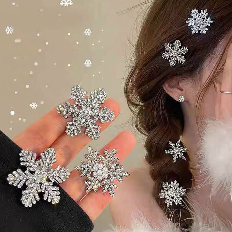 Cyrstal Snowflake Pearl Hair Clip Winter Girls Small Sweet Bobby Pins Women Fashion Retro Flower Hairside Headwear Accessories Hair Jewelry - Eshtree
