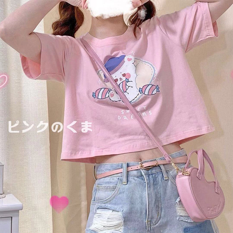 Cute And Sweet Japanese Girl Short-sleeved T-shirt Female Loose And Thin High-waist All-match Short Crop Top