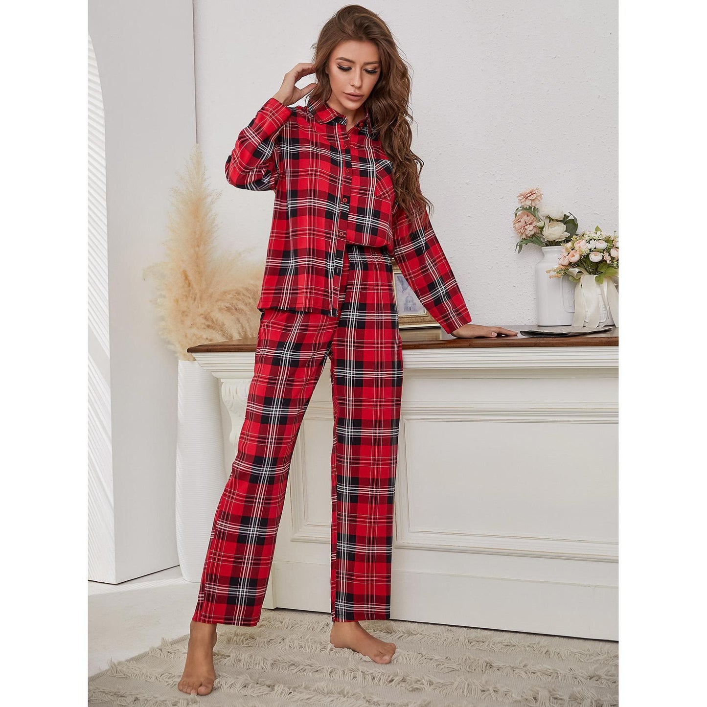 Women's Red Plaid Long Sleeve Autumn And Winter Homewear Two-piece Set
