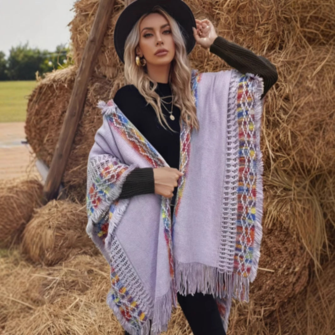 New Knitted Hollow Out Outer Match Ethnic Style Hooded Shawl For Women