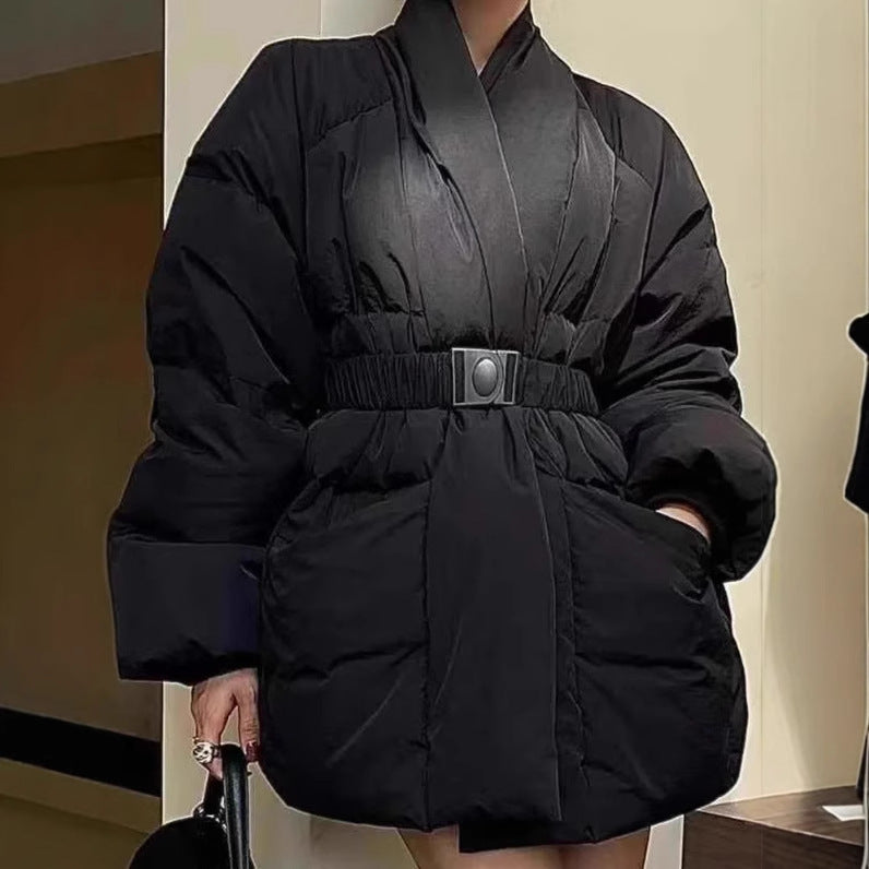 Retro Design Waist-tight Large Lapel Down Jacket Women