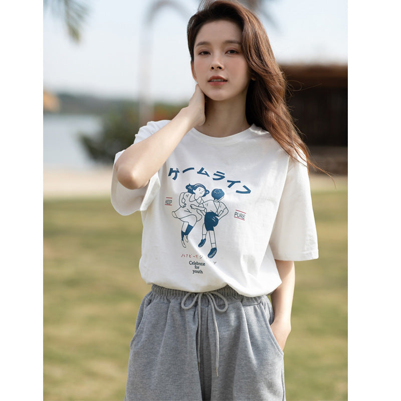 Women's Nostalgic Printed Round Neck Loose Short Sleeve T-shirt