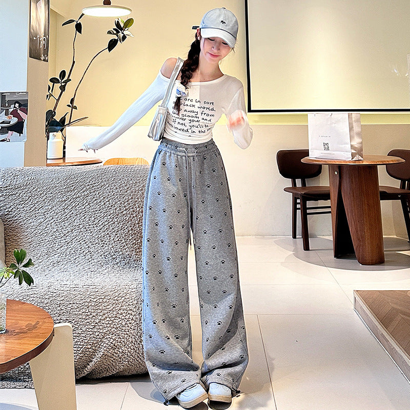 High-Street American-Style Floral Dog Paw Print Casual Pants For Women