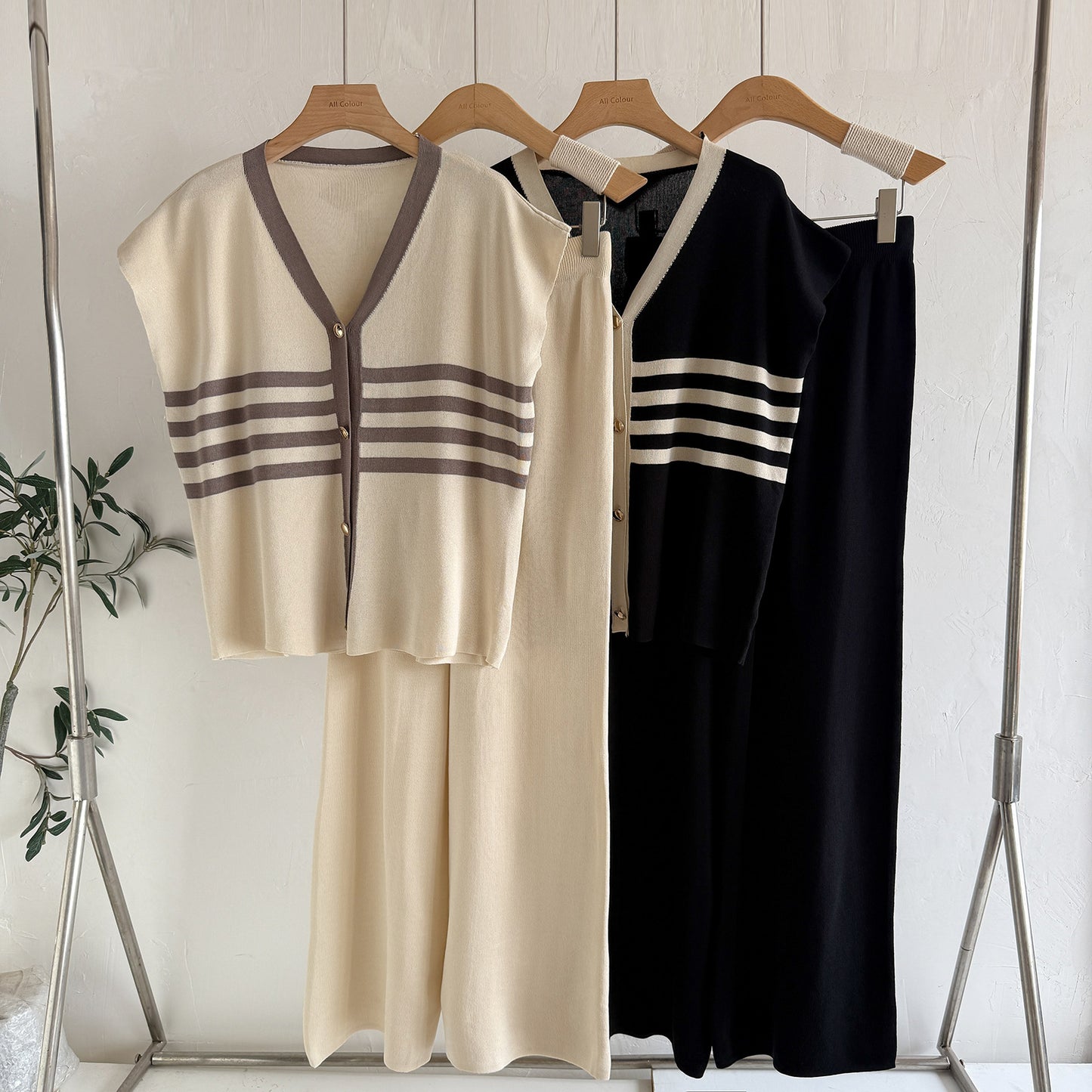 Korean-style Wide-leg Pants Set Casual, Laid-back Knit Two-piece For Women