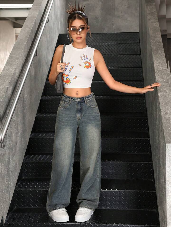 Womens Retro Washed Loose Flared Wide-Leg Jeans