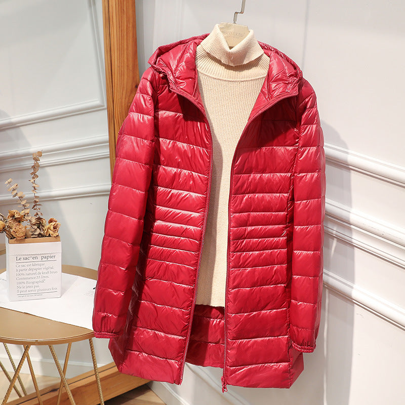 Down Jacket Women's Mid-length Hooded Slim Fit Light Coat