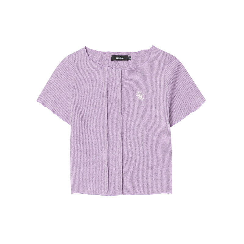 V-neck Hot Girl T-shirt Short Sleeve Solid Color Slim Fit Knit